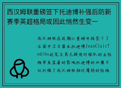 西汉姆联重磅签下托迪博补强后防新赛季英超格局或因此悄然生变一