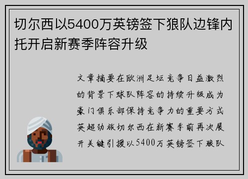切尔西以5400万英镑签下狼队边锋内托开启新赛季阵容升级